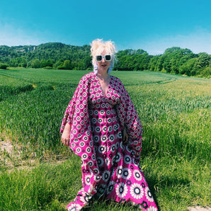 Flower Power black white and Pink kaftan gown / kimono robe