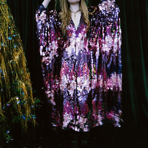 Pink & Purple Confetti Sequin V-Neck Kaftan Gown