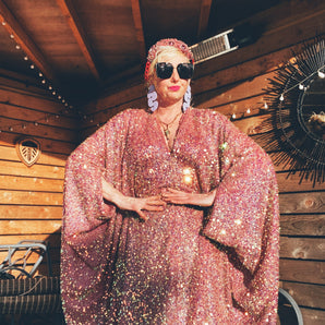 Pink Lurex Shimmering Iridescent Sequins Kaftan Gown / Kimono Robe