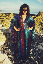 Load image into Gallery viewer, Siren Sequins - sequins in royal blue, Ruby Red, aqua green and pale gold - V-neck
