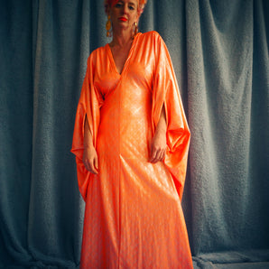 SAMPLE* Neon orange and silver spandex holographic print With Flaws Kaftan Gown