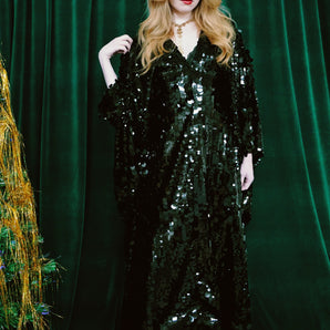 Black Magic Sequin V-Neck Kaftan Gown