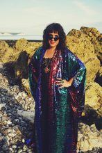Load image into Gallery viewer, Siren Sequins - royal blue, Ruby Red, aqua green and pale gold - Kimono Robe
