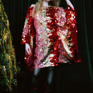 Red, Gold & Pink Festive Fever Sequin Mini Kaftan