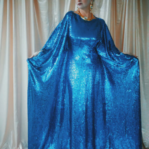No.11 Femme Fatale - Slash Neck Royal Blue Slinky sequin kaftan Gown