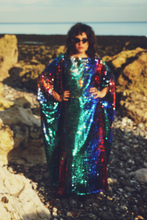 Load image into Gallery viewer, Siren Sequins - royal blue, Ruby Red, aqua green and pale gold- Slash Neck
