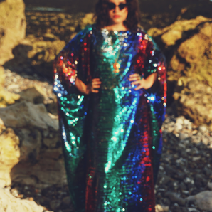 Siren Sequins - royal blue, Ruby Red, aqua green and pale gold- Slash Neck