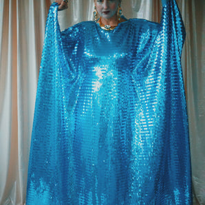 No.11 Femme Fatale - Slash Neck Icey Blue Slinky sequin kaftan Gown