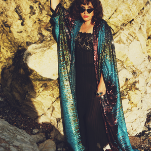 Siren Sequins - holographic yellow, glittered turquoise blue, black petrol holographic and bronzed red - Kimono Robe