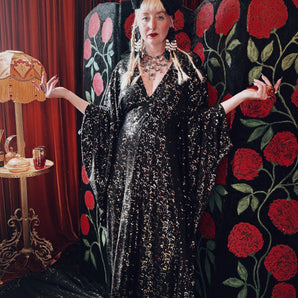 Eclipse Noir black and gold Sequin V-Neck Kaftan Gown