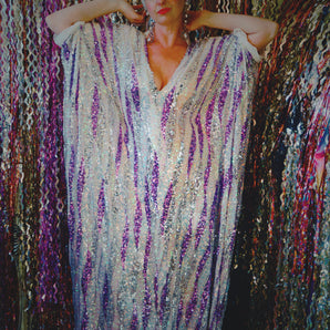 Purple, Silver, and White V-Neck Maxi Dress Kaftan