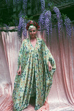 Load image into Gallery viewer, Green Floral / Leafy Print silky satin Kaftan Dress
