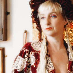 Beautiful velvet lace with sequins and pattered crochet lace - Red white Circles