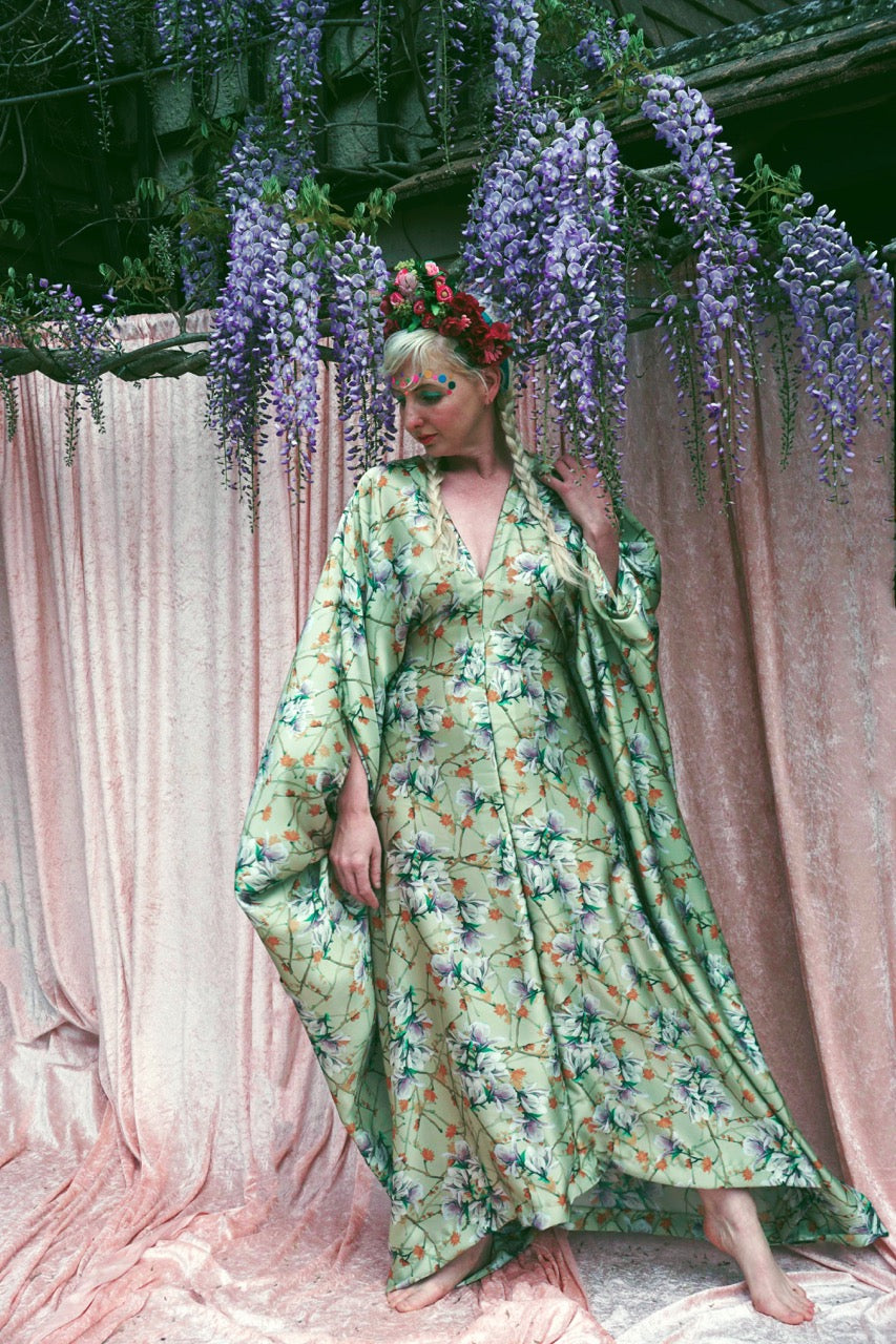 Green Floral / Leafy Print silky satin Kaftan Dress