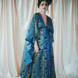 No.43 Misty Blue - gold and blue metallic brocade V- Neck kaftan Gown