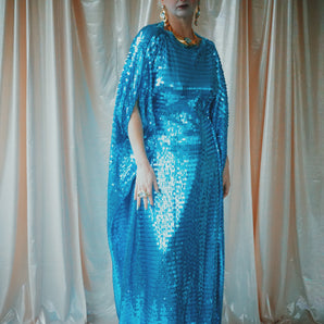No.11 Femme Fatale - Slash Neck Icey Blue Slinky sequin kaftan Gown