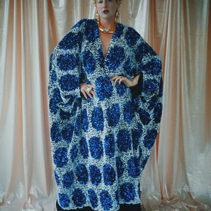 No.14 Dotty Daydream Blue and white spotted V-neck maxi kaftan Gown