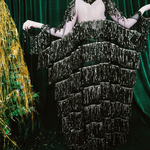 Midnight Fringe Sequin V-Neck Kaftan Gown