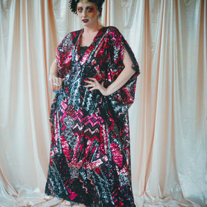 No.47 She Bop - V-Neck Style - pink and black sequin kaftan gown