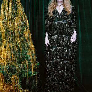 Midnight Fringe Sequin V-Neck Kaftan Gown