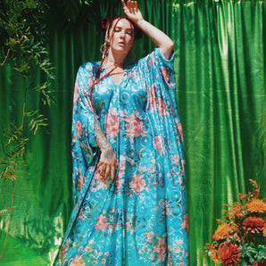 Aqua Blue Crush Foil V-Neck Kaftan Gown