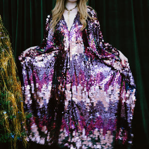 Pink & Purple Confetti Sequin V-Neck Kaftan Gown