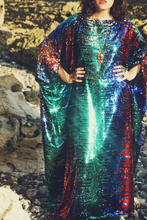 Load image into Gallery viewer, Siren Sequins - royal blue, Ruby Red, aqua green and pale gold- Slash Neck
