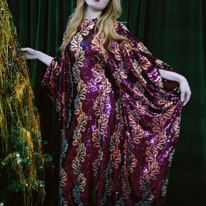 Winter Spice Sequin Slash-Neck Kaftan Gown