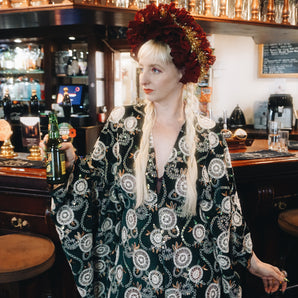 Beautiful velvet lace with sequins and pattered crochet lace - Deep green with white circles