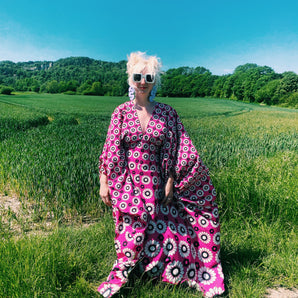 Flower Power black white and Pink kaftan gown / kimono robe