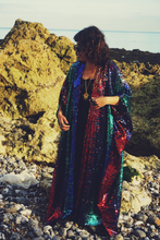 Load image into Gallery viewer, Siren Sequins - royal blue, Ruby Red, aqua green and pale gold - Kimono Robe
