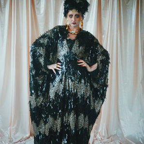 No.42 The Raven - black and gold sequin V- Neck kaftan Gown