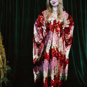 Red, Gold & Pink Festive Fever Sequin Kaftan Gown