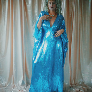 No.11 Femme Fatale - V-Neck Icey Blue Slinky sequin kaftan Gown