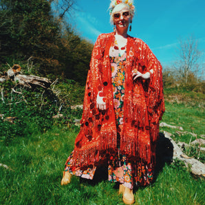 The Starlet Sequin Red MIDI length Open Kimono Robe