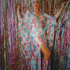 Pink and Blue Art Deco Circles V Neck Kaftan Gown, Freesize