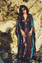 Load image into Gallery viewer, Siren Sequins - sequins in holographic yellow, glittered turquoise blue, black petrol holographic and bronzed red - V-Neck
