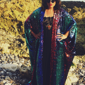 Siren Sequins - royal blue, Ruby Red, aqua green and pale gold - Kimono Robe