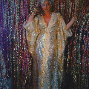 White, Gold, and Silver Fuzzy Eyelash V-Neck Maxi Dress Kaftan