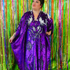 Flip Sequins V-neck Kaftan Party Frock. Super Sparkles! Purple and Holographic Silver