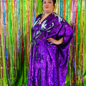 Flip Sequins V-neck Kaftan Party Frock. Super Sparkles! Purple and Holographic Silver