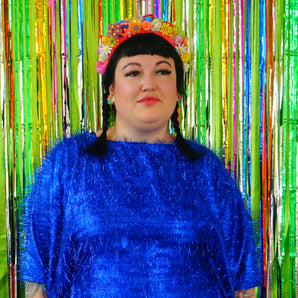 Sparkles Tinsel Hair Mini Kaftan Party Dress Blue