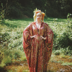 Fuzzy Eyelash Sequin Reds, golds Iridescent wave pattern kaftan Gown