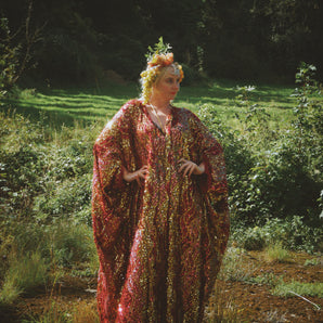 Fuzzy Eyelash Sequin Reds, golds Iridescent wave pattern kaftan Gown