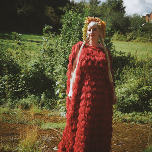 Fuzzy eyelash in Crimson Red, Slash Neck, Kaftan Gown