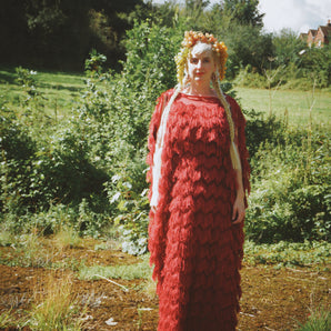 Fuzzy Eyelash Crimson Red and Gold Sequins Kaftan Gown, Freesize