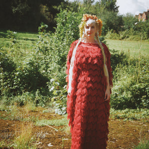 Fuzzy eyelash in Crimson Red, Slash Neck, Kaftan Gown