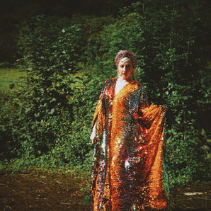 Firecracker Orange, Gold and Green Sequin V Neck Kaftan Gown, Freesize