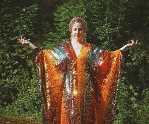 Firecracker Orange, Gold and Green Sequin V Neck Kaftan Gown, Freesize