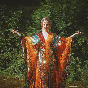 Firecracker Orange, Gold and Green Sequin V Neck Kaftan Gown, Freesize